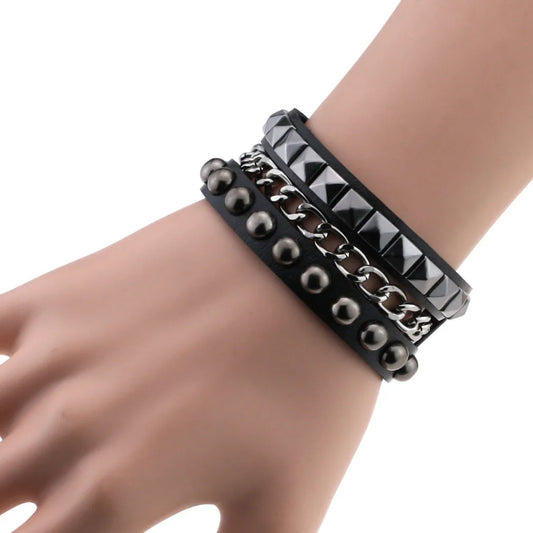 Punk stuff Leather Studded Bracelet Men Women Chain Cuffs Bracelet Goth Jewelry Cosplay Emo Gothic Accessories