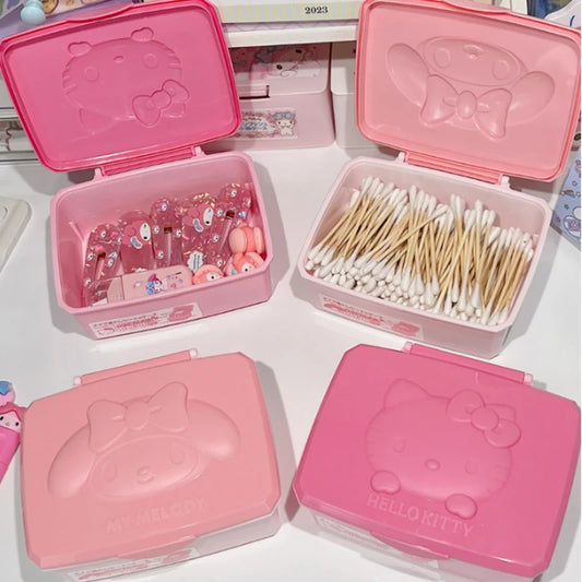 Sanrio Hello Kitty Storage Box Cartoon Melody Kt Cat Flip Cover Cotton Swabs Cotton Pads Stationery Jewellery Organisation Gifts