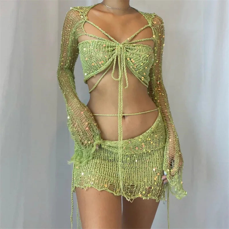 Crochet Knitted Dress Two Piece Skirt Sets 2023 Summer Women Clothes Sexy Crop Tops Elegant Knit Sequin Dress 3 Piece Set Outfit