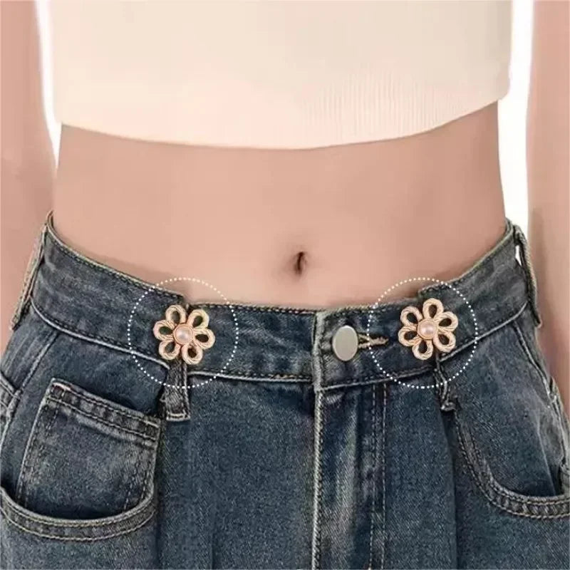 2pairs Waist Metal Flower Adjustable Tighten Invisibility Decoration Couple Buckles Pants Skirts Size Change From Large To Small