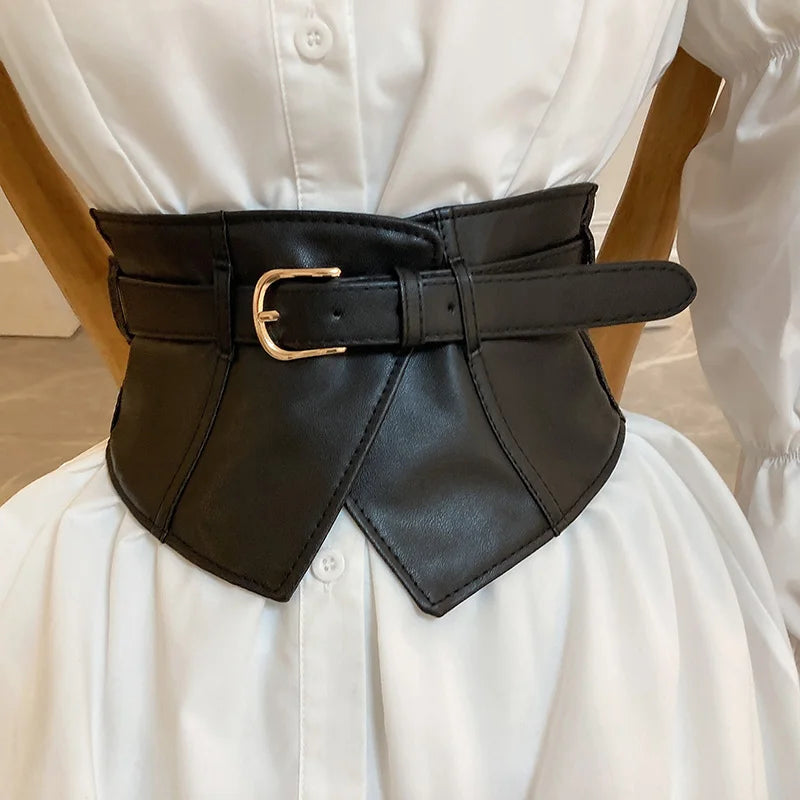 Classic Pin Buckle Wide Belts Black Elastic PU Waistband Trendy Corset Waspie Belt Classic Dress Coat Girdle For Women Girls