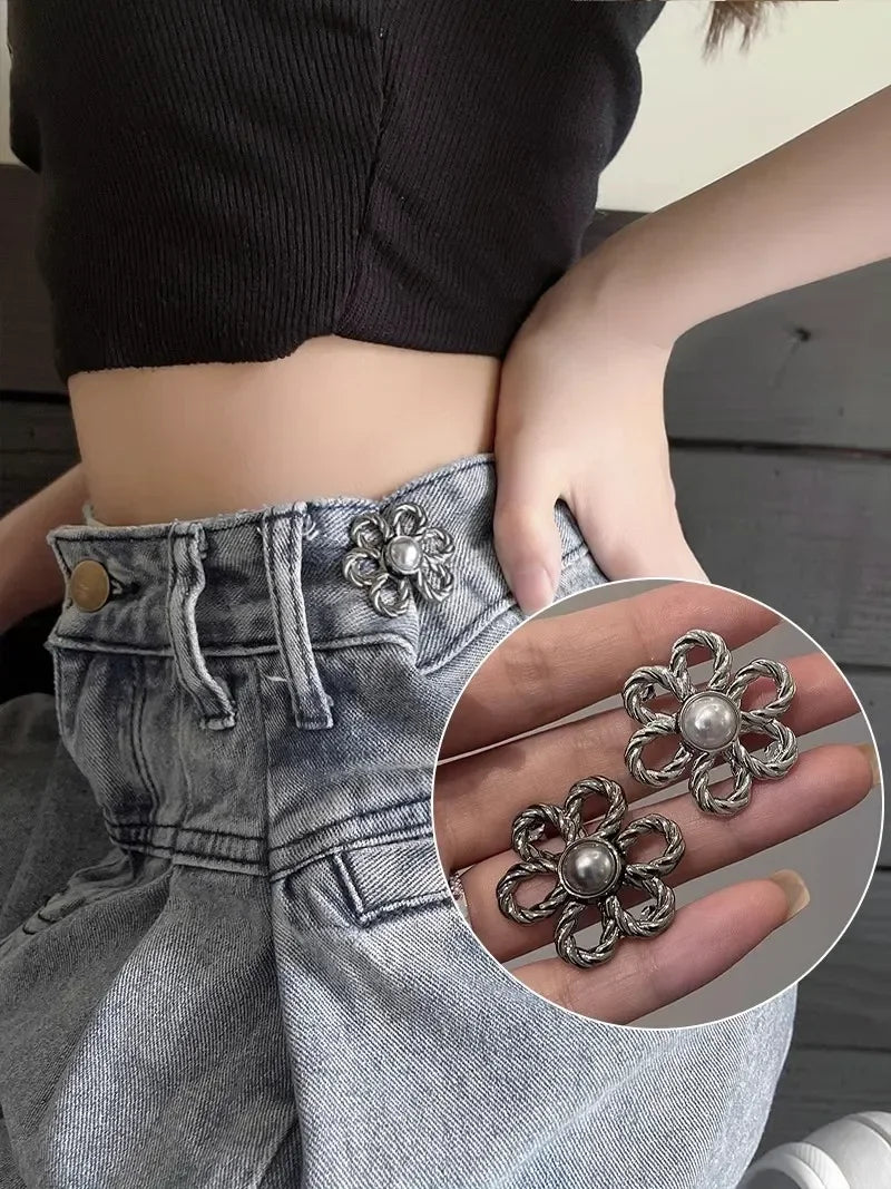 2pairs Waist Metal Flower Adjustable Tighten Invisibility Decoration Couple Buckles Pants Skirts Size Change From Large To Small