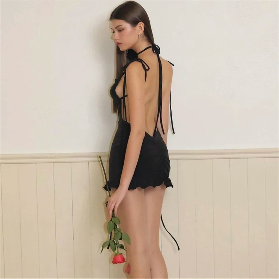 2024 European and American New High end Y2K Sexy Open Back Lace up Slim Fit Spicy Girl Short Skirt