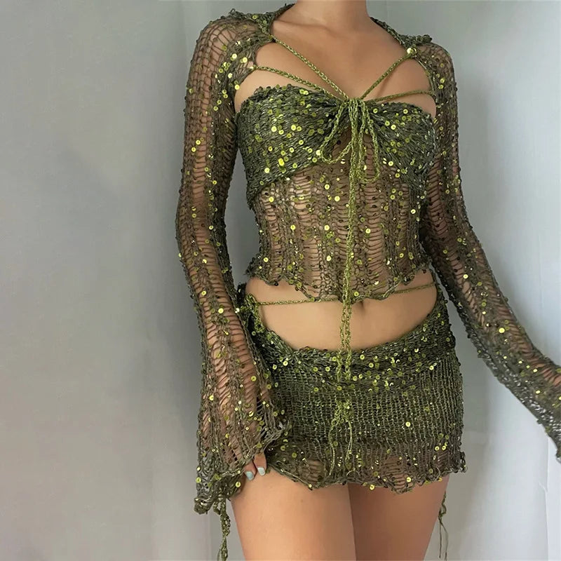 Crochet Knitted Dress Two Piece Skirt Sets 2023 Summer Women Clothes Sexy Crop Tops Elegant Knit Sequin Dress 3 Piece Set Outfit