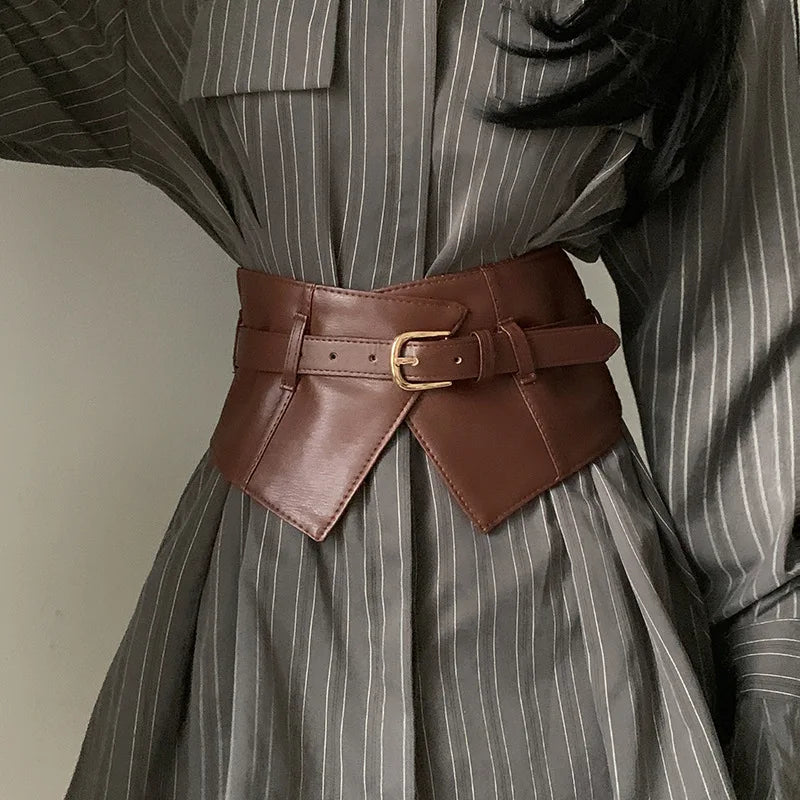 Classic Pin Buckle Wide Belts Black Elastic PU Waistband Trendy Corset Waspie Belt Classic Dress Coat Girdle For Women Girls