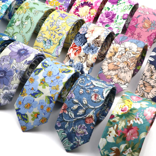 New Style Floral Printed 6cm Tie Blue Green Purple Skinny 100% Cotton Necktie For Men Women Wedding Party Suits Shirt Accessory