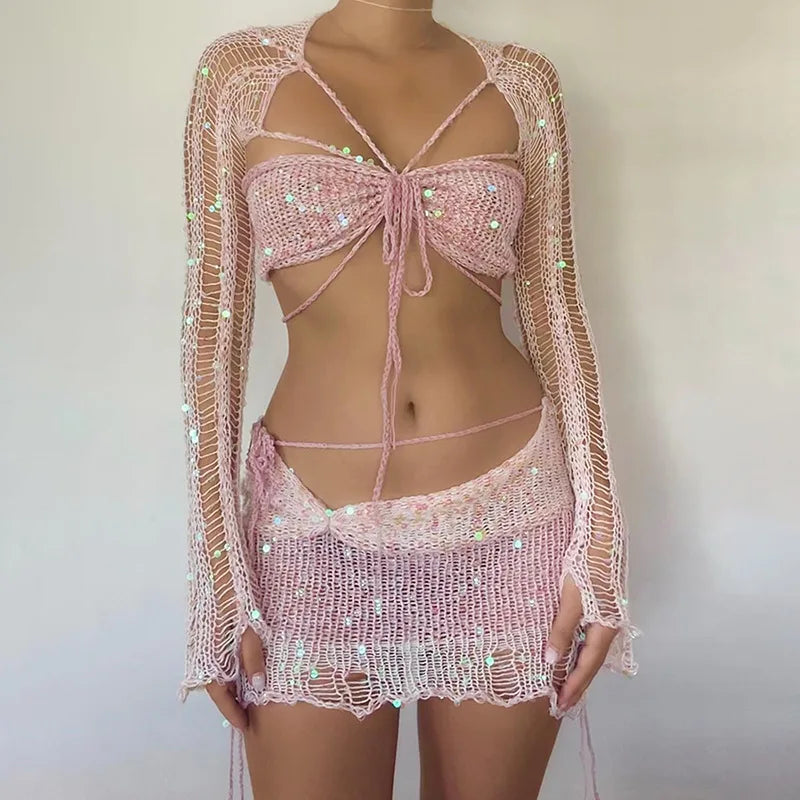 Crochet Knitted Dress Two Piece Skirt Sets 2023 Summer Women Clothes Sexy Crop Tops Elegant Knit Sequin Dress 3 Piece Set Outfit