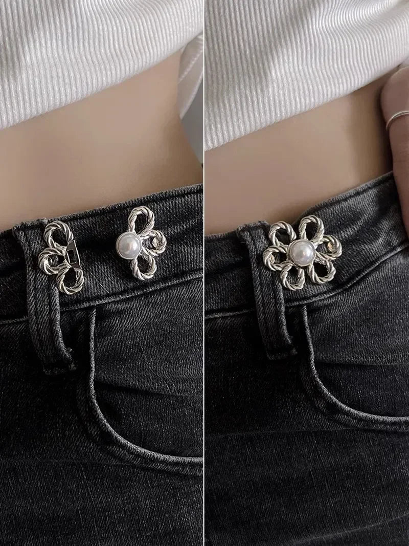 2pairs Waist Metal Flower Adjustable Tighten Invisibility Decoration Couple Buckles Pants Skirts Size Change From Large To Small