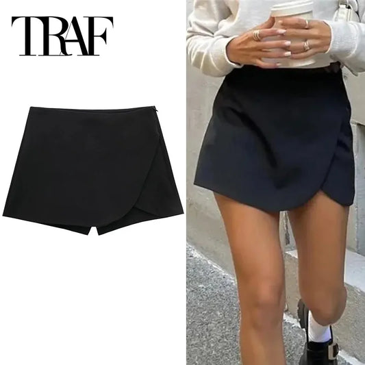 TRAF 2024 Black Mini Skirt Shorts Woman Fashion Asymmetric Skort For Women High Waist Short Skirts Woman Summer Casual Shorts