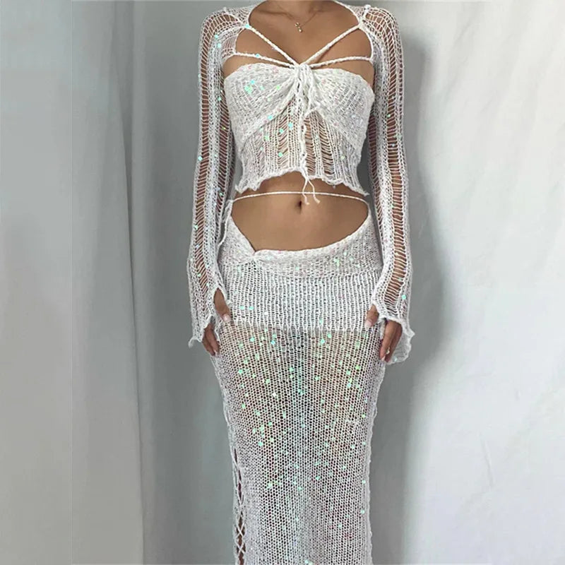 Crochet Knitted Dress Two Piece Skirt Sets 2023 Summer Women Clothes Sexy Crop Tops Elegant Knit Sequin Dress 3 Piece Set Outfit