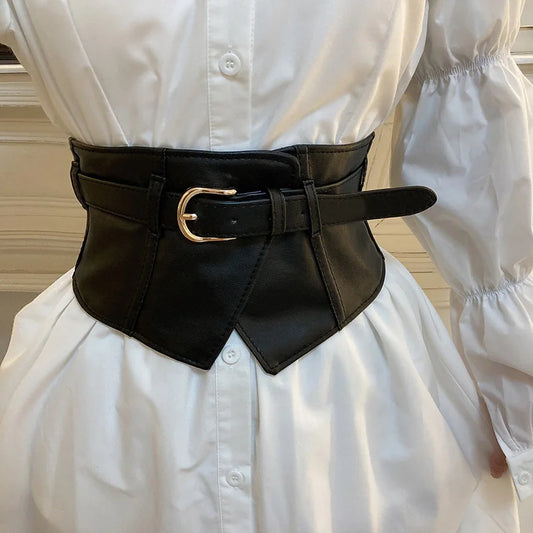 Classic Pin Buckle Wide Belts Black Elastic PU Waistband Trendy Corset Waspie Belt Classic Dress Coat Girdle For Women Girls