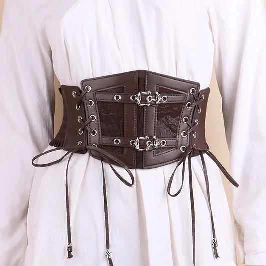 Elastic Plus Size Lace Corset Belts for Women Wide Stretch Cummerbunds Female Goth Punk Dress Corset Belt Brown White Waistband