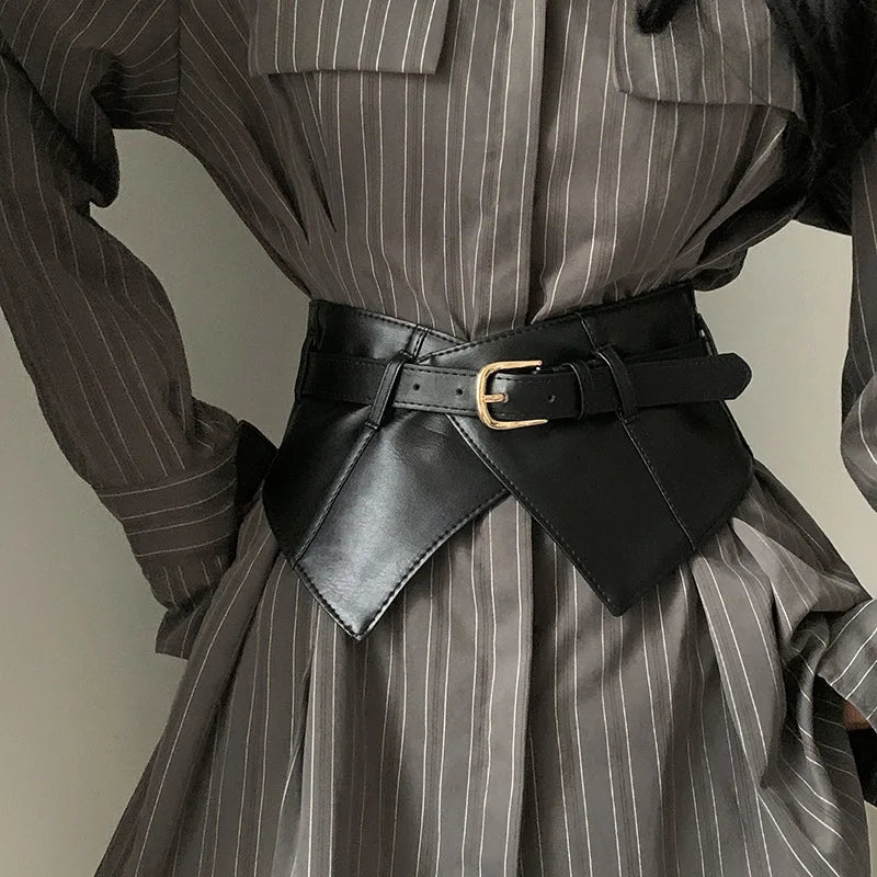 Classic Pin Buckle Wide Belts Black Elastic PU Waistband Trendy Corset Waspie Belt Classic Dress Coat Girdle For Women Girls