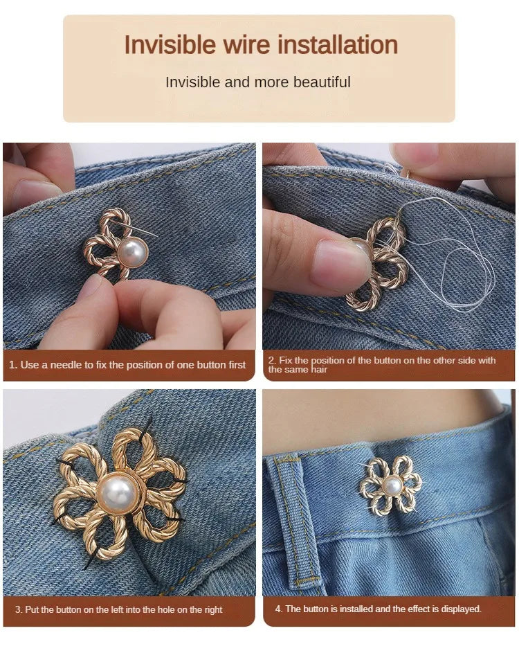 2pairs Waist Metal Flower Adjustable Tighten Invisibility Decoration Couple Buckles Pants Skirts Size Change From Large To Small