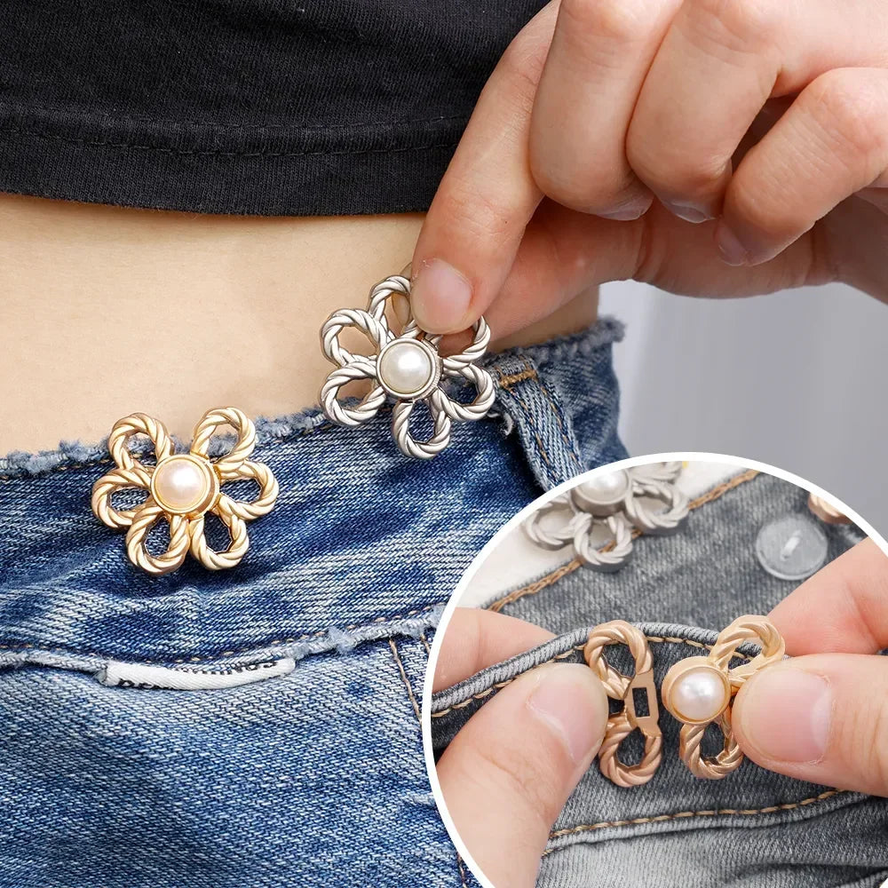 2pairs Waist Metal Flower Adjustable Tighten Invisibility Decoration Couple Buckles Pants Skirts Size Change From Large To Small