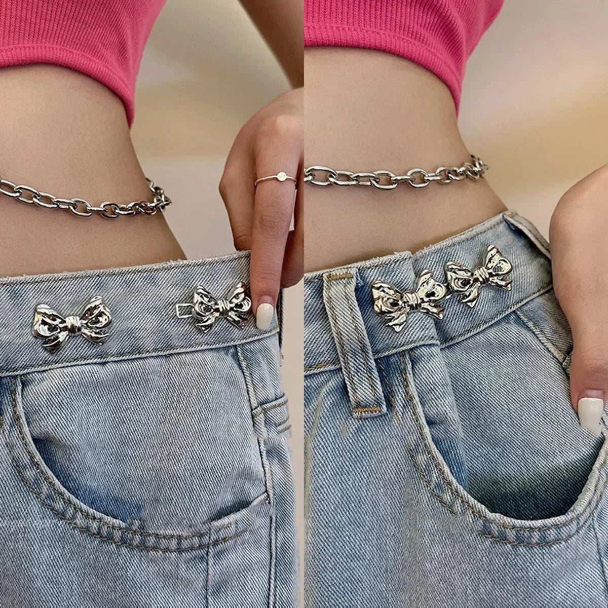 2Pcs Bowknot Button Adjuster for Pants and Skirts Waist Tightener Adjustable Waist Buckle for Jeans No Sewing Required