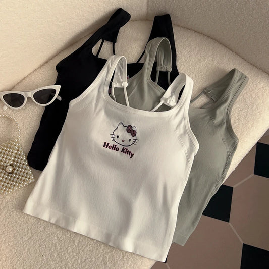 Sanrio HelloKitty Fashion Clothing  Y2K Top with Breast Pad Cute Top Girl Summer Cool Cropped Top White Sexy Suspender Girl Gift