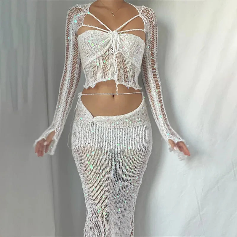 Crochet Knitted Dress Two Piece Skirt Sets 2023 Summer Women Clothes Sexy Crop Tops Elegant Knit Sequin Dress 3 Piece Set Outfit