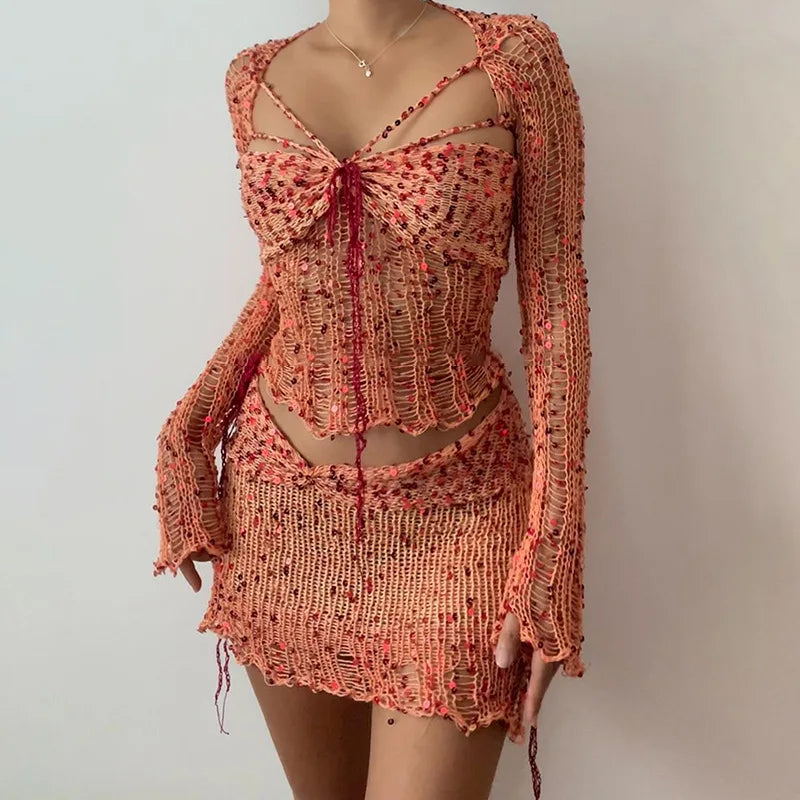 Crochet Knitted Dress Two Piece Skirt Sets 2023 Summer Women Clothes Sexy Crop Tops Elegant Knit Sequin Dress 3 Piece Set Outfit