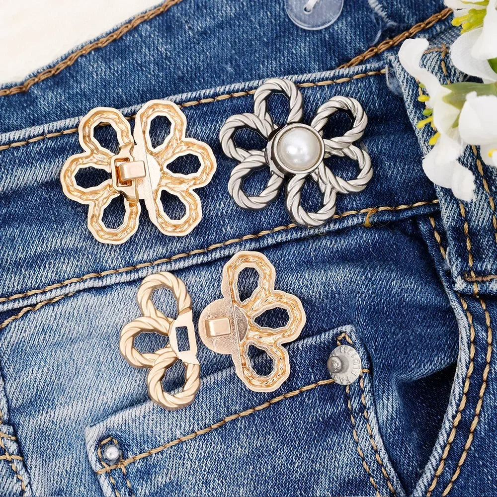 2pairs Waist Metal Flower Adjustable Tighten Invisibility Decoration Couple Buckles Pants Skirts Size Change From Large To Small